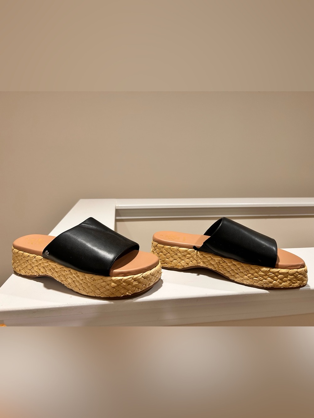 Sam & Libby Black Slide Sandals Raffia Wedge Platform Size 10